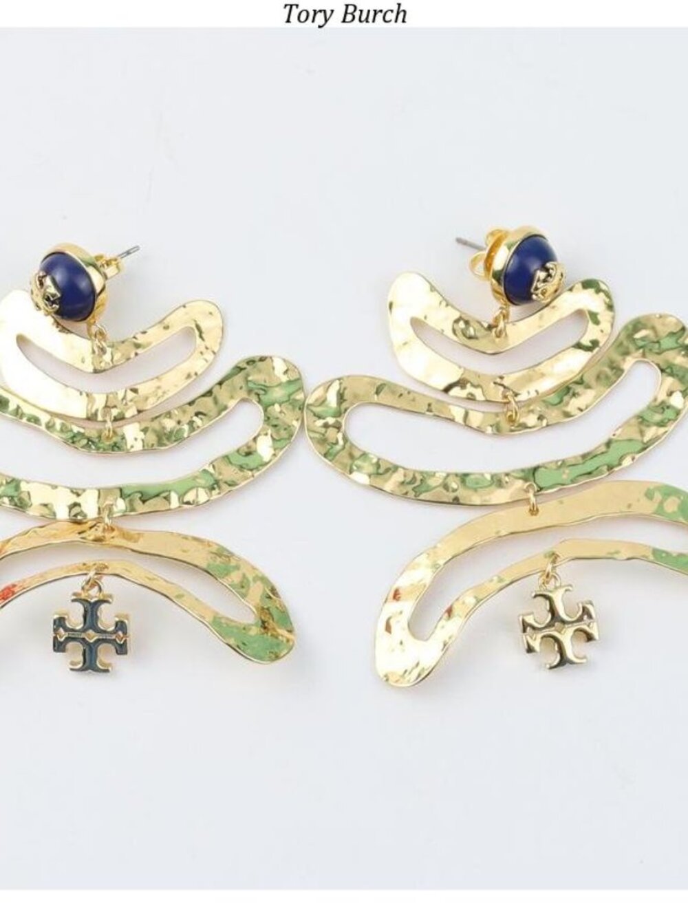 Tory Burch Gold-Tone Hammered Drop Earrings with Navy Accent